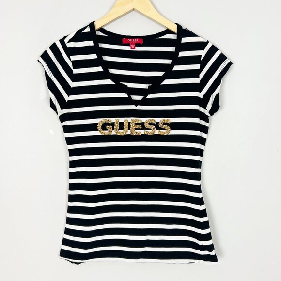 Y2K Vintage GUESS Size MEDIUM Striped BABY TEE Spellout Logo Cap Sleeve T-Shirt - Picture 1 of 4